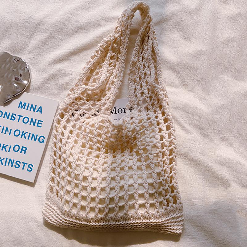 Solid Color Knitting Shoulder Bag Large Capacity Versatile Bohemian Crochet Tote Bag Hollow Out Casual Woven Handbag Women