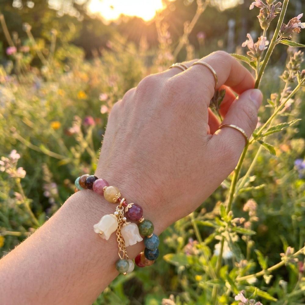 Elastic Rope Orchid Flower Bracelet Floral Women Bangle Trendy Colorful Beads Bracelet Summer