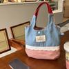Sweet Plaid Canvas Handbag Leisure Cute Wrist Bag Lovely Denim Bucket Bag  Students