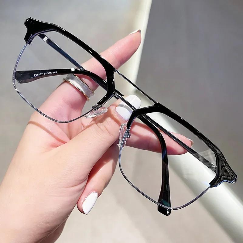 Double Beam Half Frame Myopia Glasses Korean Trend Square Frame Anti Blue Light Short Sight Eyewear for Women Men