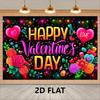 2D Valentines Day Party Tapestry, "Happy Valentine's Day" Print with Hearts, Flowers and Sparkles Photo Banner