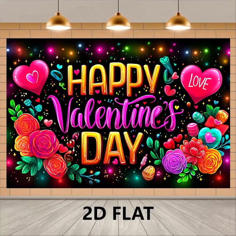 

2D Valentines Day Party Tapestry, Happy Valentine s Day Print with Hearts, Flowers and Sparkles Photo Banner 47.2x31.5inch/120*80cm