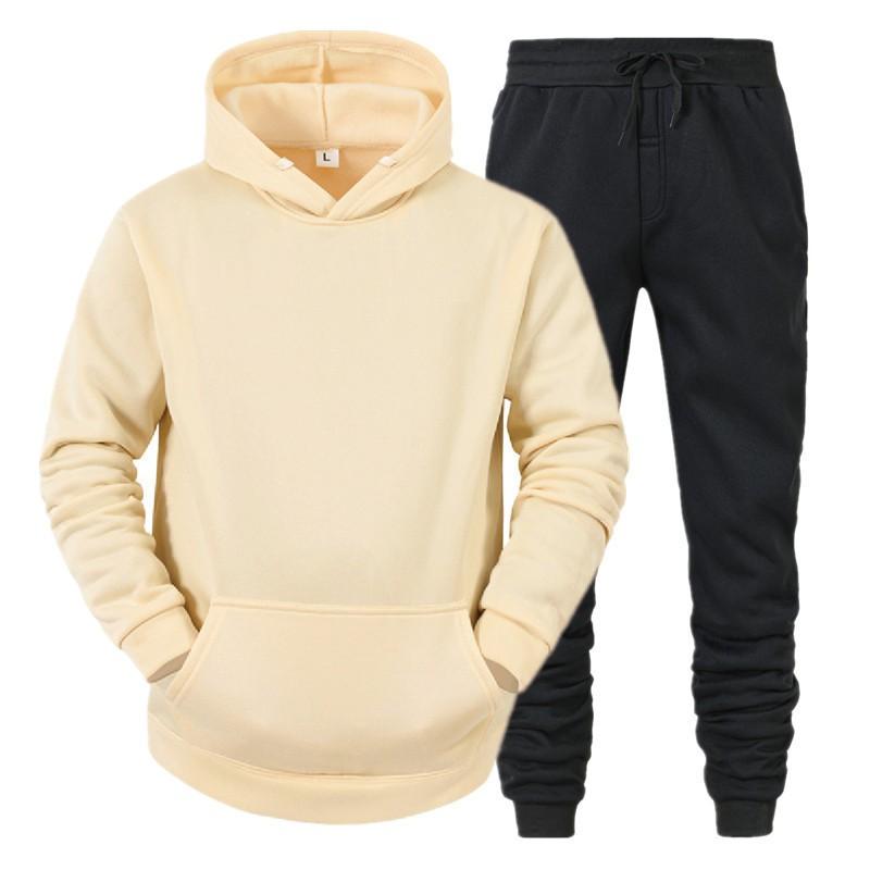 Mens Hooded Fleece Sweatshirt Set Solid Color Sport Tracksuit Winter Warm Long Sleeve Pants
