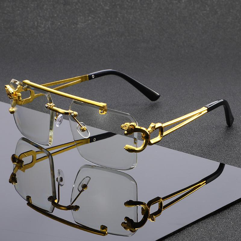 New European and American personalized box frameless double beam leopard head sunglasses fashionable driving sunscreen sunshade glasses