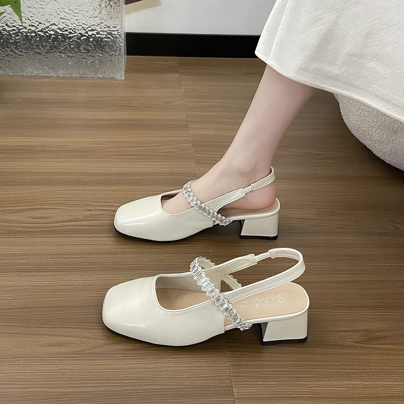 Thick heel Mary Jane bag head sandals female 2025 summer new fairy wind water diamond word with square head shallow mouth single shoes