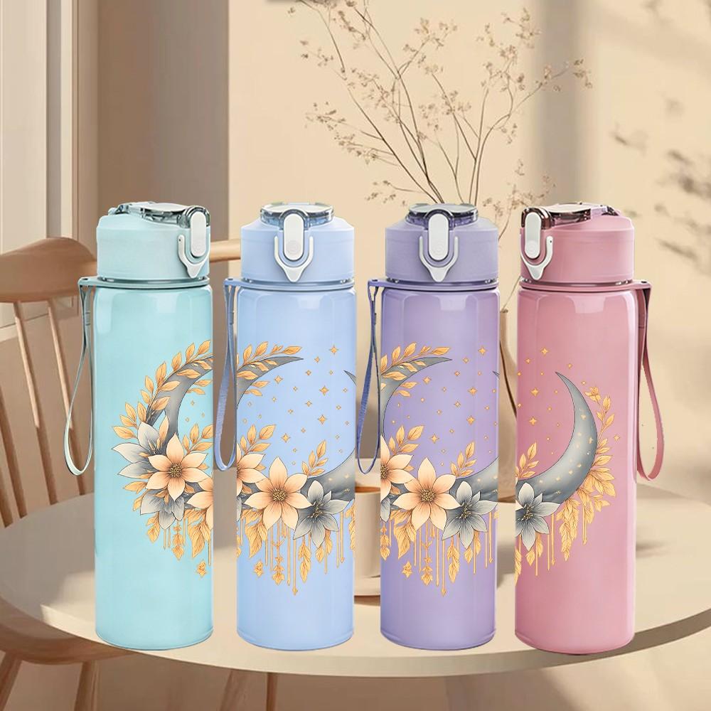 1PC Moon Daisy Wreath Art 750ml Color Plastic Sports Water Bottle Leakproof Flip Straw Lid Suitable for Sports Office Home Use