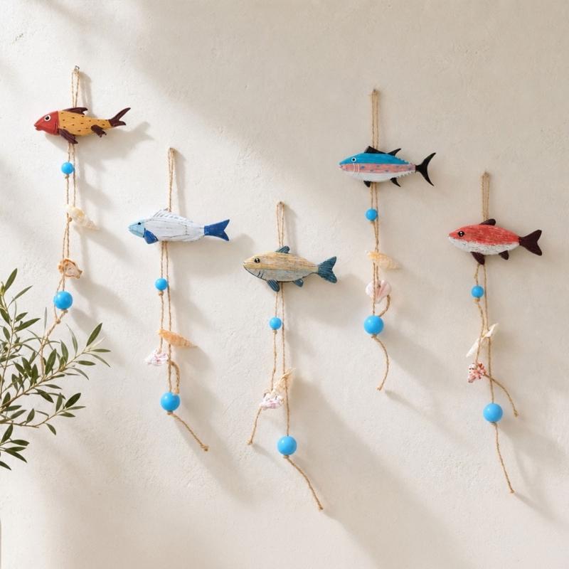 Wood Fish Wall Hanging Decors for Entryway, Bedroom, or Living Room, Ocean Theme Piece with Rope and Color Detail Trim
