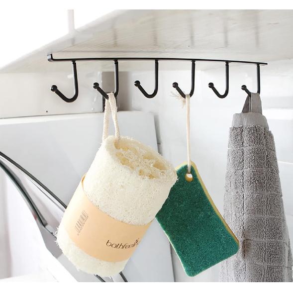 1 Pack Hanging Hooks Rack Under Cupboard Cabinet Cup Holder 6 Hooks Drilling Free Coffee Mug Holder Kitchen Utensil Storage Organizer Hook Rack