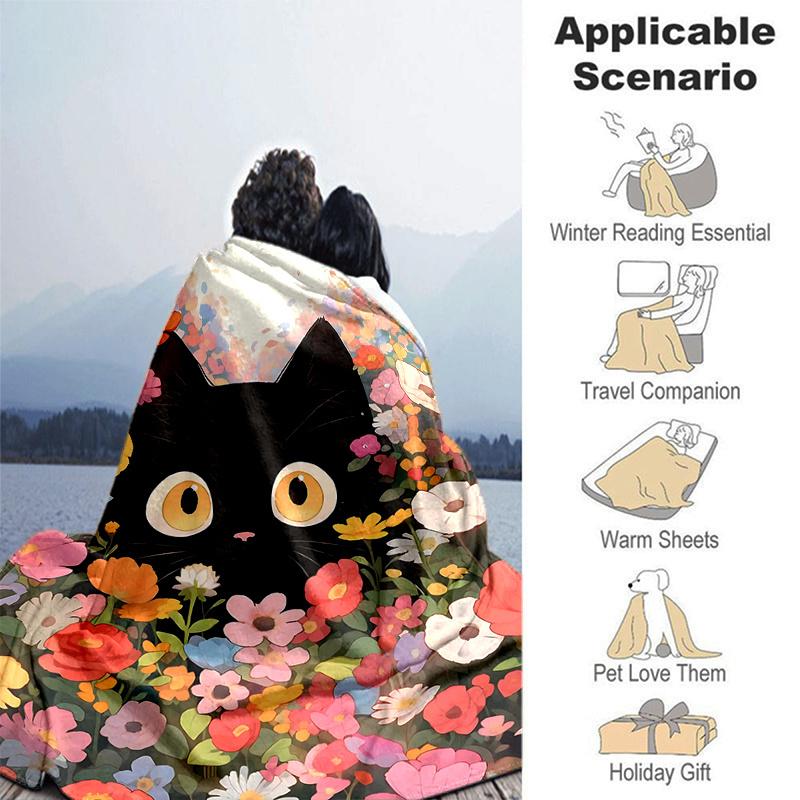 1pc Flowery Black Cat Themed Blanket  Seasonal Home Decorative, Living Room, Travel, Camping, Car Blankets