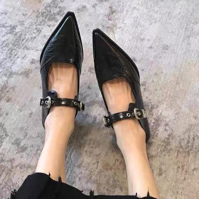 Fashion Spring New Single-shoe Women's Pointed Head Shallow Mouth Metal Buckle A Line with Anti-slip Wear-resistant Thick Heel Shoes