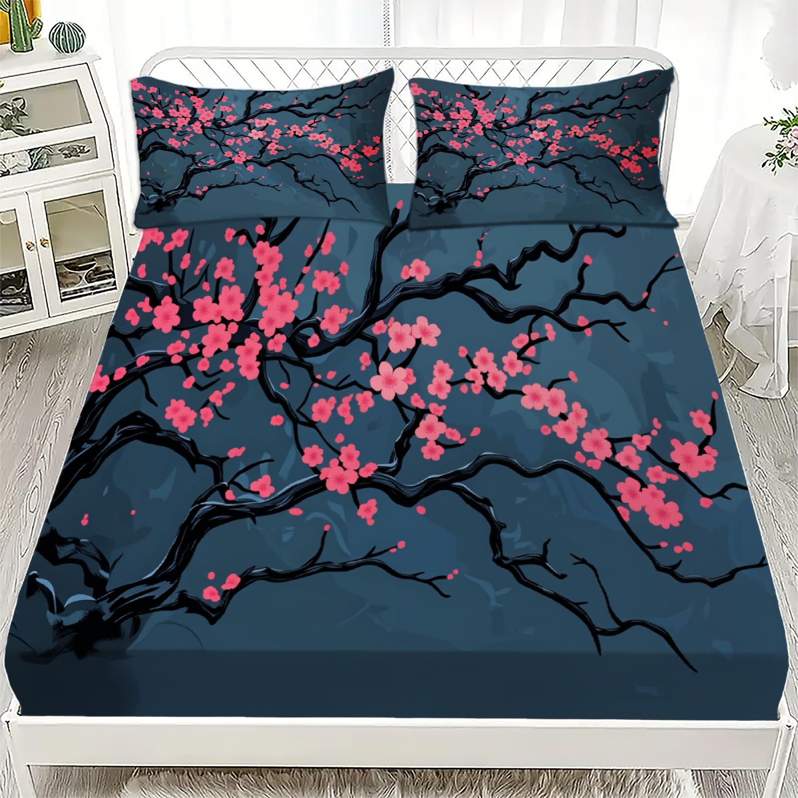 

3pcs Cherry Blossom Fitted Sheet 3D Printed Floral Pattern Flat Sheet With Pillowcases No Filling Modern Japanese Floral Style 153x203x25cm