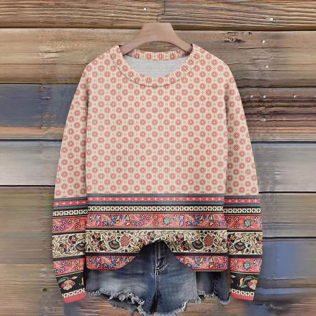 Long Sleeve Pullover Sweaters For Women O Neck Casual Cute Printing Knit Oversized Sweater