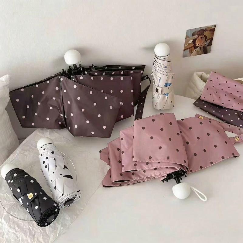 Polka Dot Cute Folding Umbrella Black Coated UV Protection Dual Use Rain Sun for Student School Commute