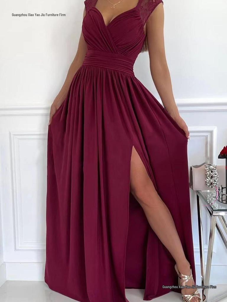 2026 Bez rukávů Krajka Záda odhalená Evropsko-americké Dámské Šaty s rozparkem na lemu