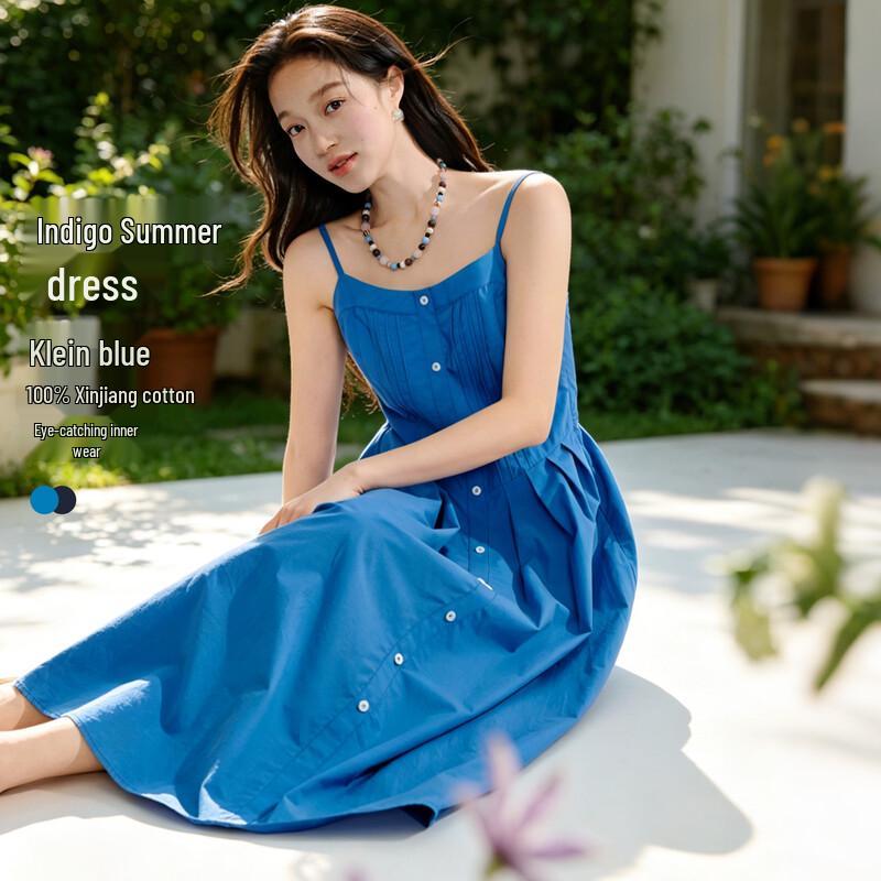 INMAN Klein Blue Pleated V-Neck Midi Dress