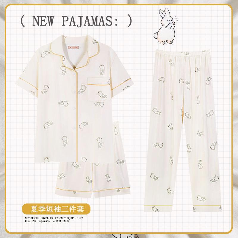 Soft Waxy Rabbit Pajamas Women's Japanese Milk Gentle and Cute Cartoon Girly Casual Short-sleeved Loungewear Three-piece Set