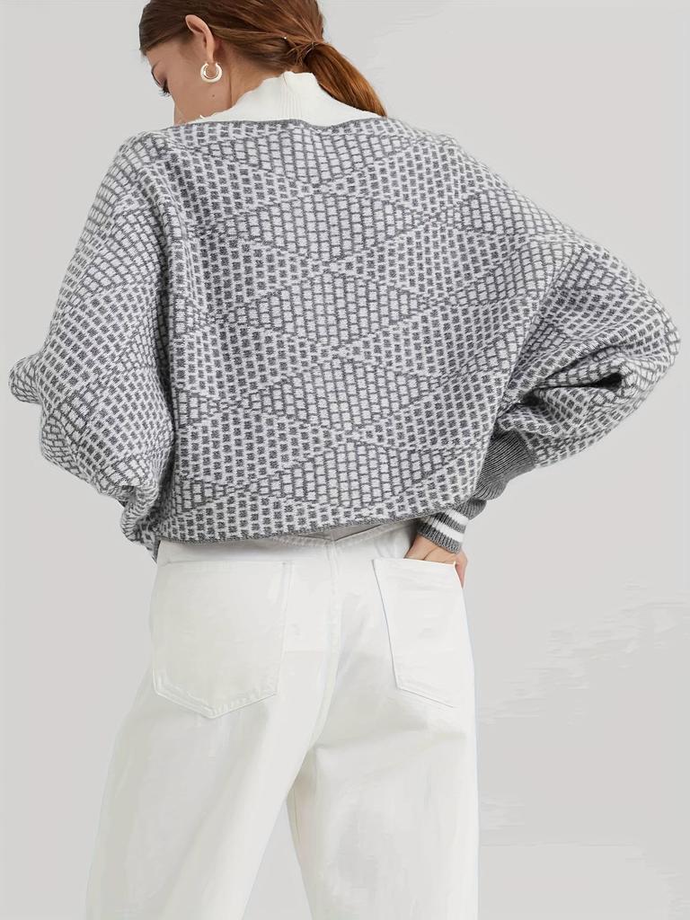 Gray 3D Pattern Batwing Sleeve Knit Sweater - Half High Neck European and American Style