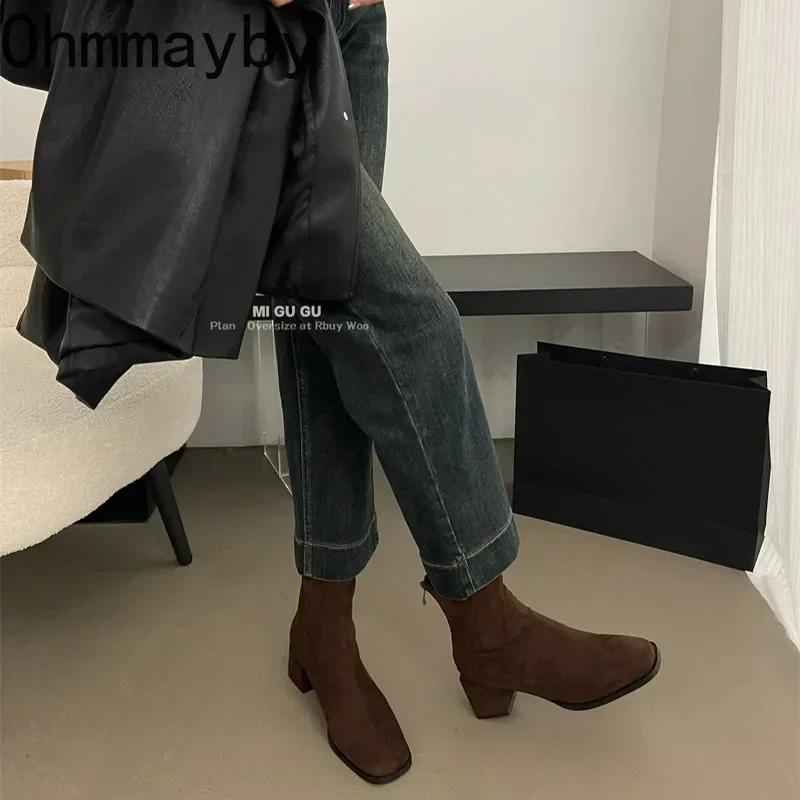 Autumn Winter Fleeces Women Sock Ankle Boots Fashion Square Heel Ladies Elegant Keep Warm Short Booties Women's Footwear