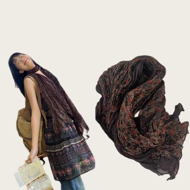 Literarische und Retro-Kontrastfarben, lange Seidenschals mit Blumenmuster, Damenmode, ausländischer Stil, hochwertiger Hals- und Nackenschmuck, hochwertig vielseitig