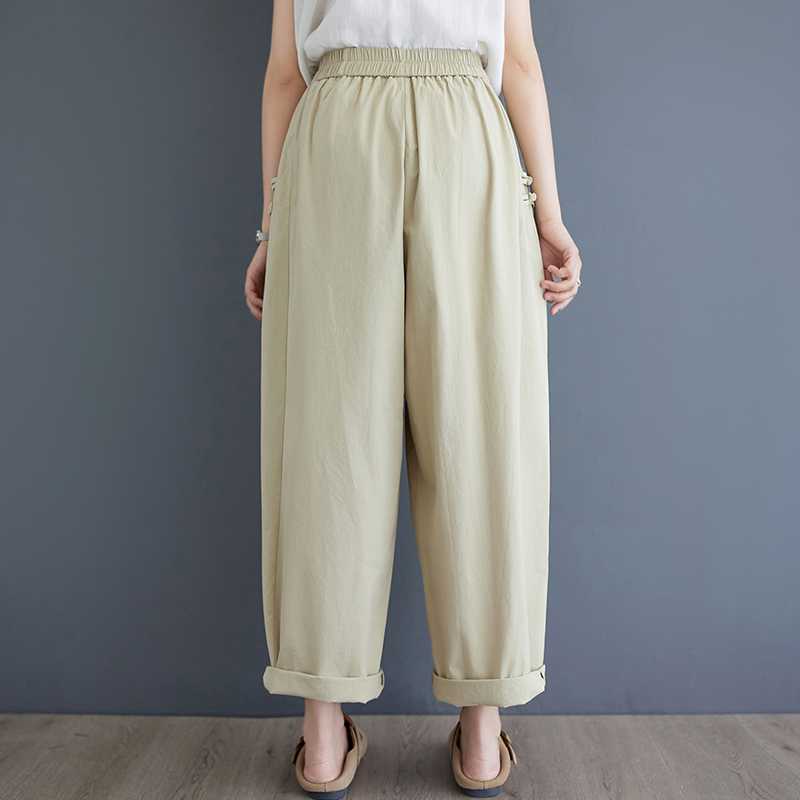 Summer Literary Retro Cotton Solid Color Casual Pants Women's High-waisted Disc Buckle Loose and Thin Bloomers