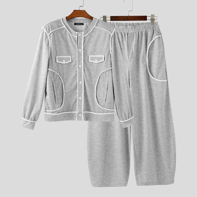 INCERUN Мужские комплекты из двух предметов, футболки с длинным рукавом и stitching, длинные брюки, спортивные комплекты 3XL серый