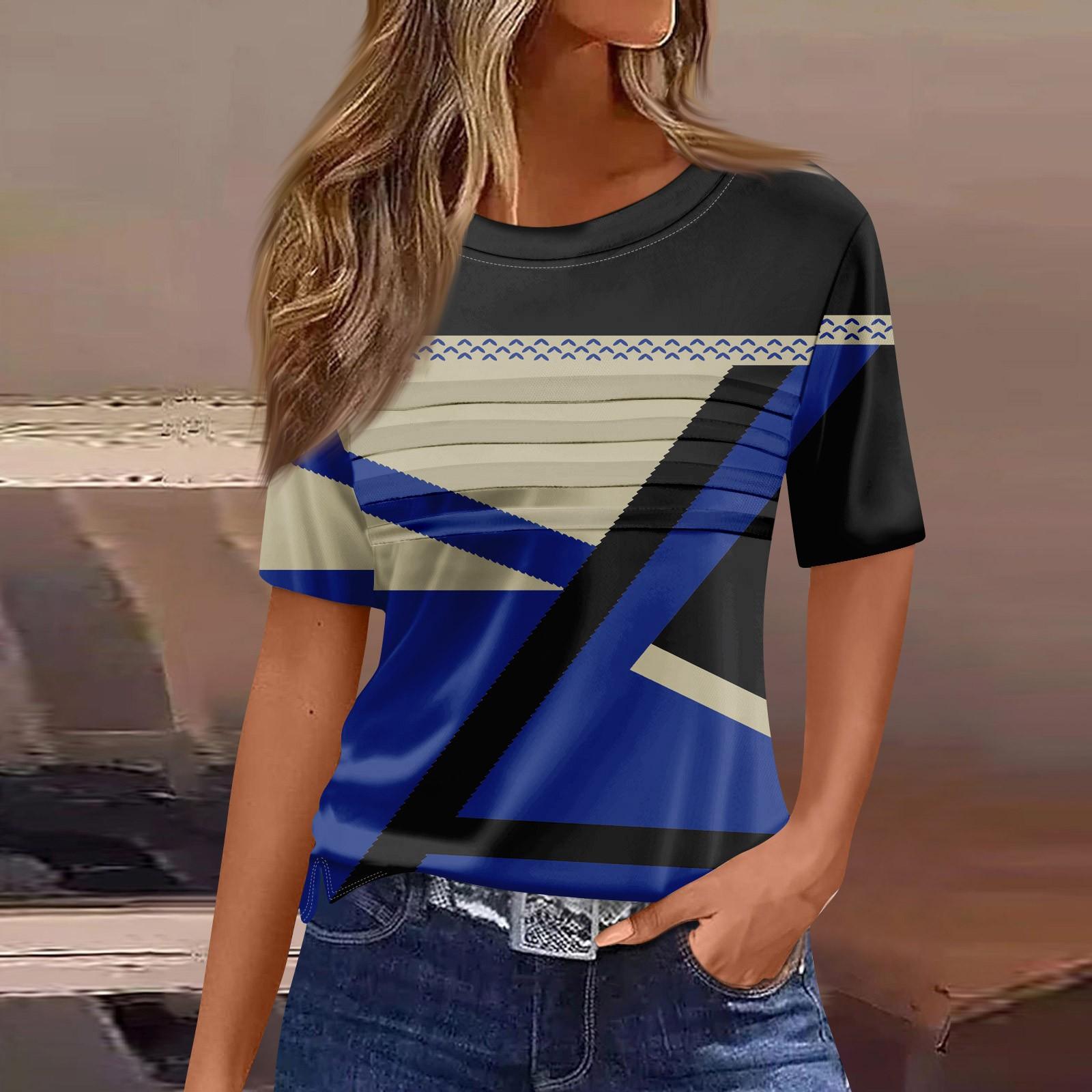 

Женская плиссированная футболка с круглым вырезом и полосатым принтом, короткий рукав, топ с разрезом по низу L