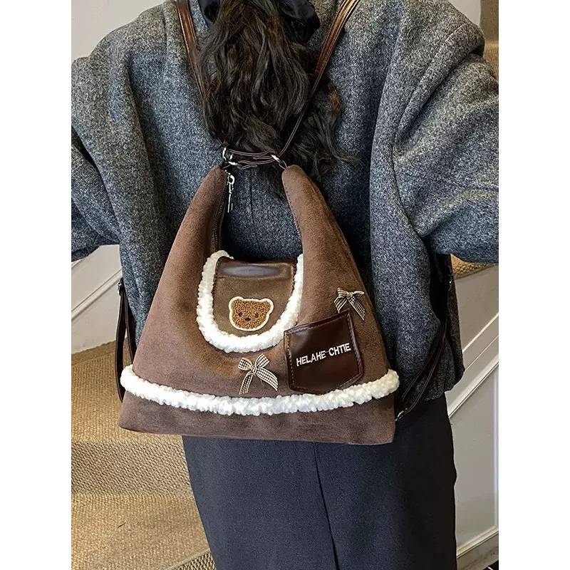 Small Bear Cartoon Backpack For Women With Suede Material And Adjustable Straps For Daily Use