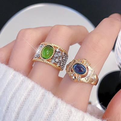 Oval Court Style High-End Light Luxury Same Heavy Industry Open Ring Medieval Design Sapphire Ring