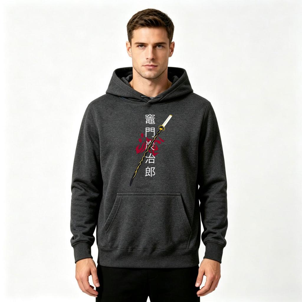 Men Japanese Katana Anime Print Hoodie Casual Long Sleeve Pullover Sweatshirt For Adults