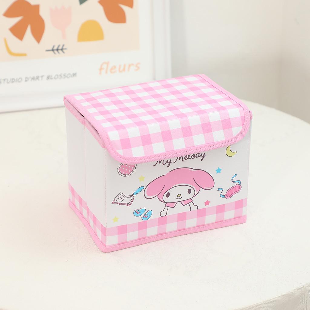 Hello Kitty Kuromi Cinnamoroll Melody Grid Pattern Foldable Flip Storage Box For Office And Bedroom Storage