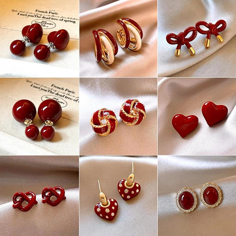 Red Ribbon Bow-knot Vintage Stud Earrings For Women Korean Fashion Autumn Winter Simple Bow Red Stud Earrings Geometric Earring