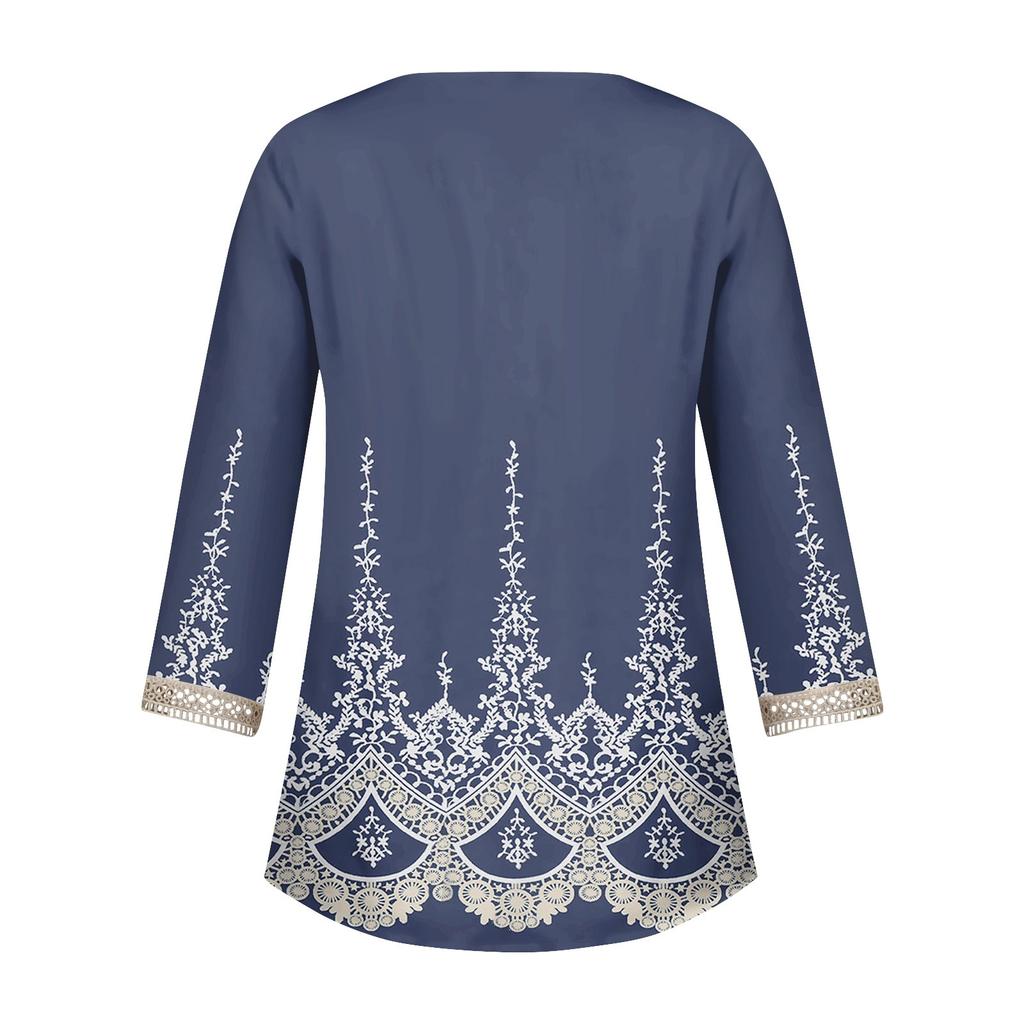 Women's Fashion Casual Lace 7/10 Sleeve V-Neck Floral Printed Top