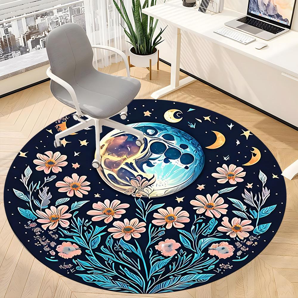 1pc Moon Flowers Office Round Area Rug, Mat Suitable For Office, Under Office Chairs Bedroom Living Room Home Decor, Room Deco