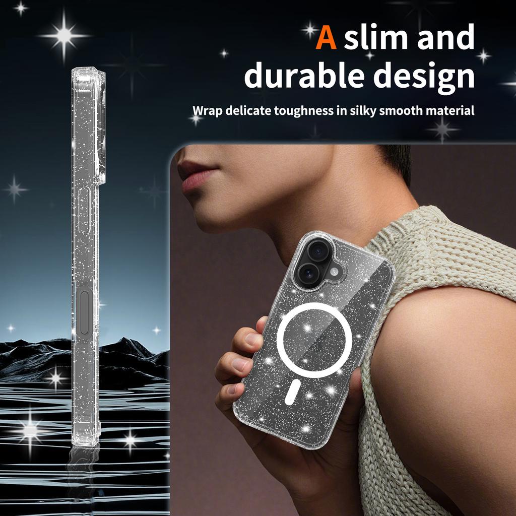 Magnetic Glitter Clear Case for Magsafe Iphone 17 Pro Max Air 16 Plus 16E 15 13Pro 14 Pro 16Pro 17Pro Mag Safe Anti Yellowing Phone Cover Accessories