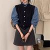 Two-piece Contrasting Color Fake Denim Patchwork Knitted Cardigan for Autumn Design, Loose and Slimming Sweater, Single-breasted Top for Women