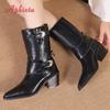 Fashion Aphixta Mid-Calf SquareToe Ankle Boots Women Winter Shoes Buckle Strap Square Heels Women Boots Brown Big Size 41-42