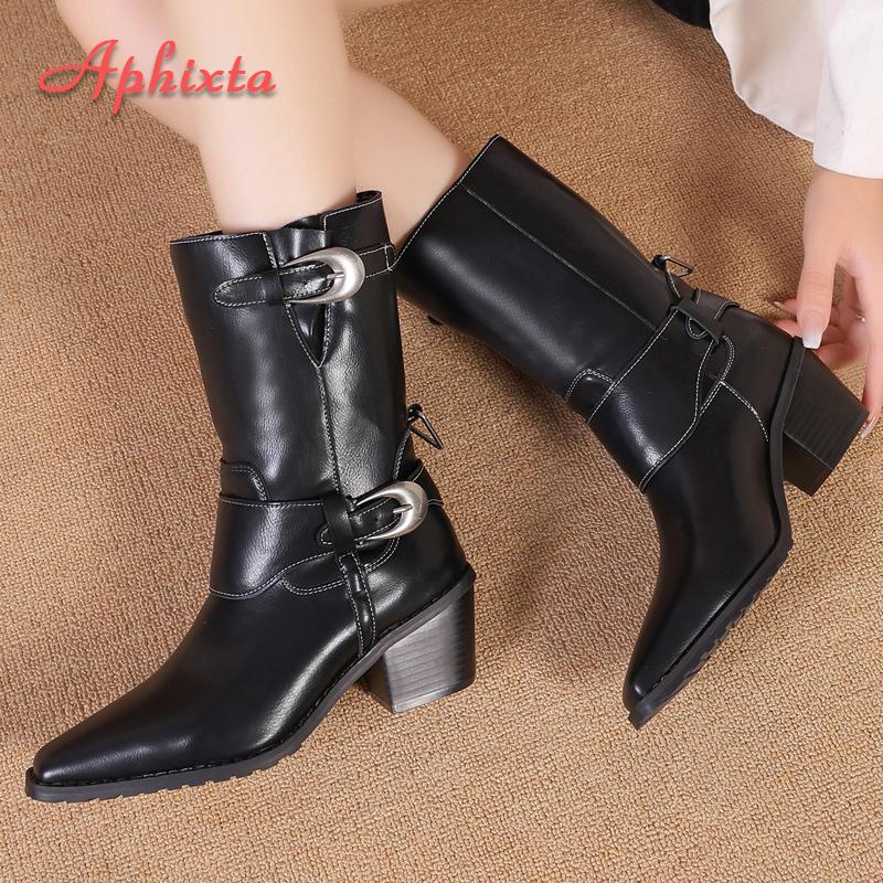 Fashion Aphixta Mid-Calf SquareToe Ankle Boots Women Winter Shoes Buckle Strap Square Heels Women Boots Brown Big Size 41-42