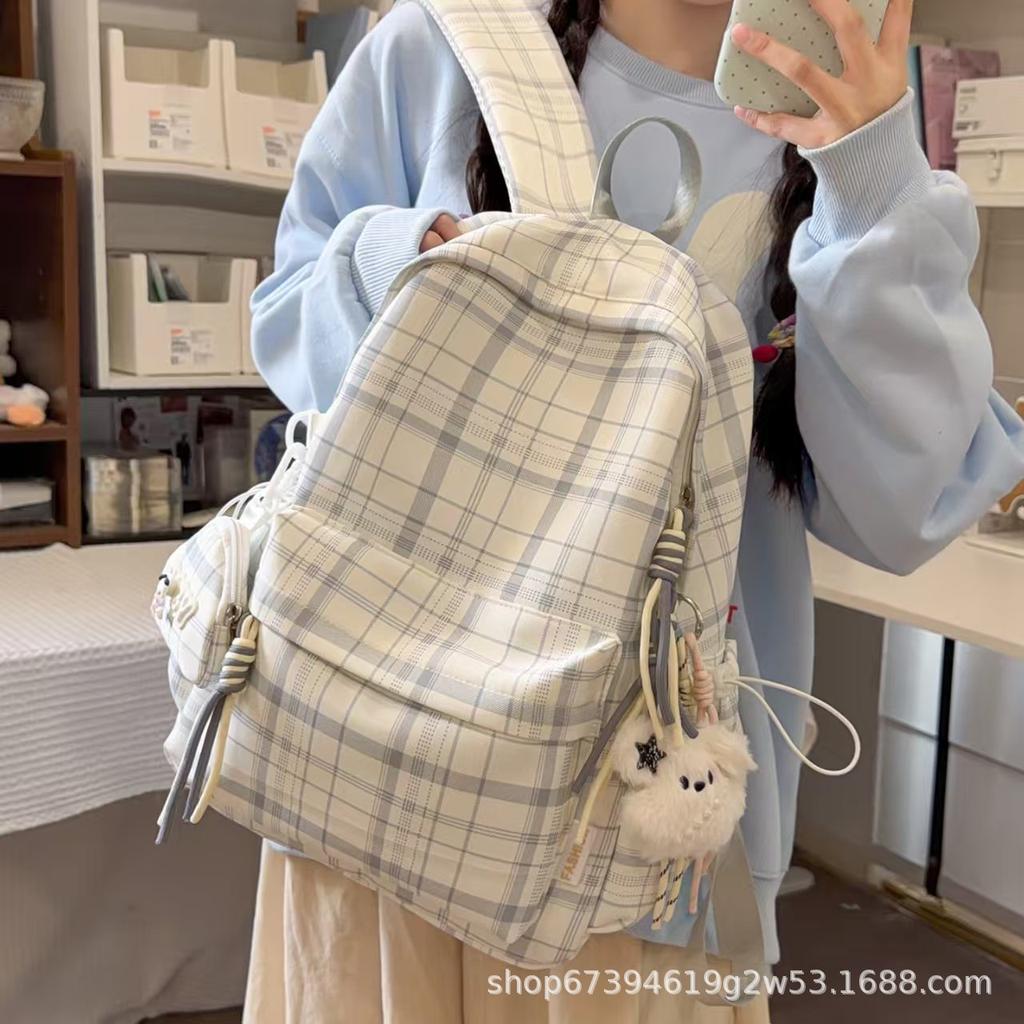 Schoolbag Schoolbag Junior High School Girls Japanese Ins Retro Plaid College Students Simple and Versatile Korean Version High School Backpack Women