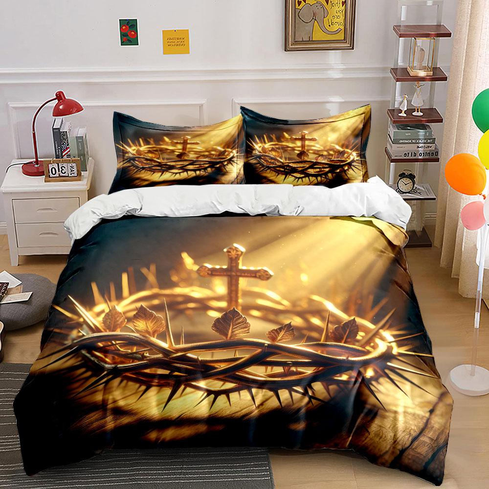 Golden Crown And Cross Set Suitable For Kid'S And Adults' Bedroom Decor, Exquisite Three-Piece Bedding Set Gift