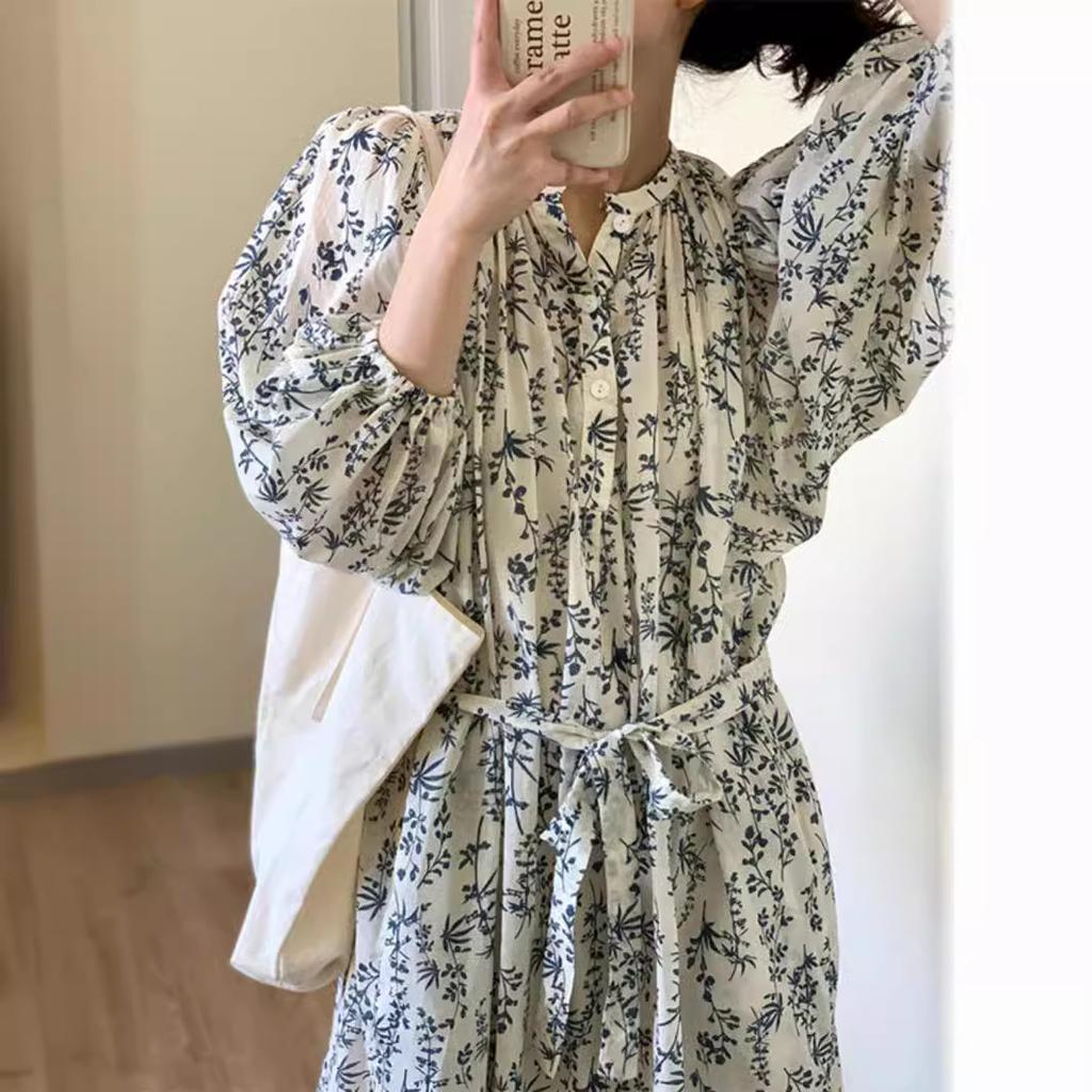 French Loose Age-reducing Dress for Women's Summer Foreign Style Age-reducing Gentle Temperament Lace-up Thin Floral Dress Wholesale