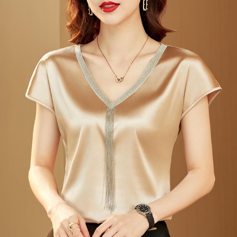 

QICED Summer Heavy Industry Tassel Satin Innerwear and Outerwear Base Layer Short-sleeved T-shirt Top Women V-neck XL шампанского