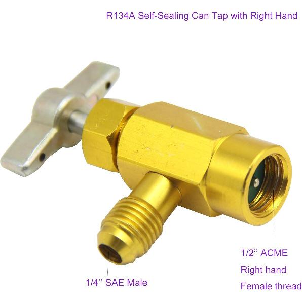 R134A Self-Sealing Can Tap Valve Refrigerant Dispenser Tool Bottle Opener, with 1/2" Female Right Hand Thread, 1/4inch SAE Male, T handle for easy