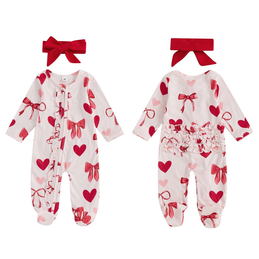 Baby Girls Outfit, Long Sleeve Crew Neck Bow Heart Print Footies Jumpsuit and Headband Fall Clothes