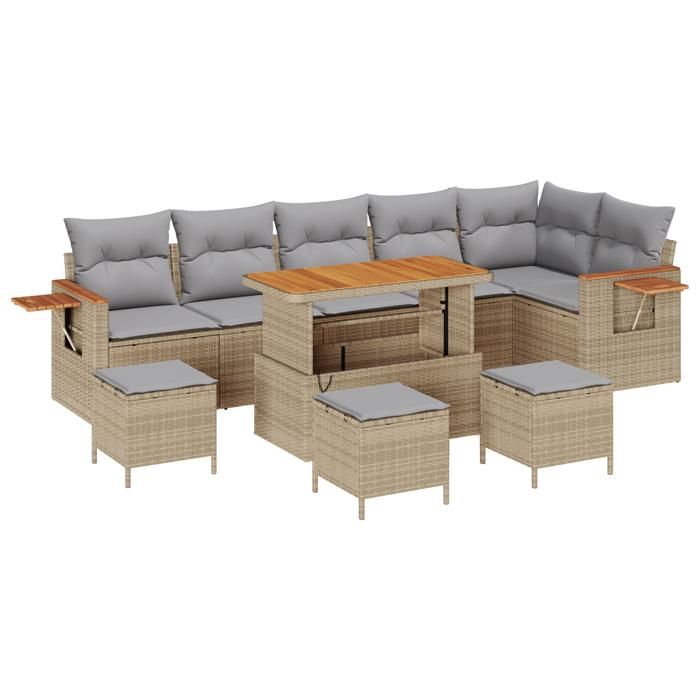 Ensemble de canapés de jardin 10 pièces avec coussins beige en poly rotin, Ensemble de salle à manger extérieur 4 pièces 3363202