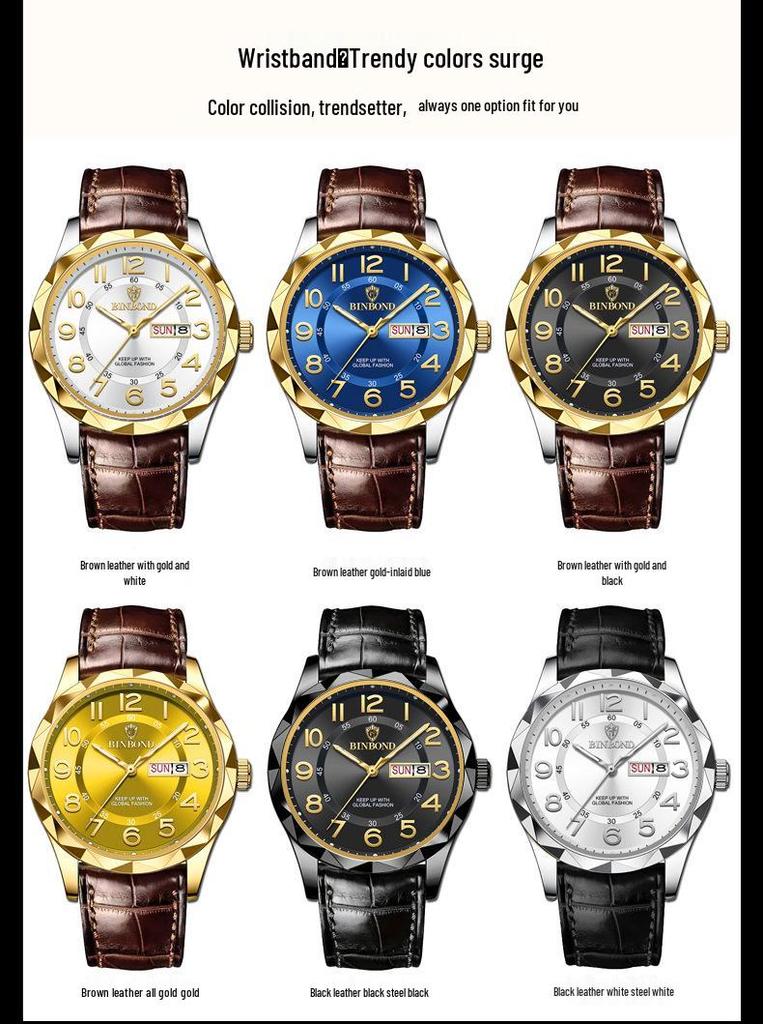 Binbang Ultra-thin Luminous Men's Quartz Watch - Automatic Movement, Waterproof with Calendar, Leather Strap, Business & Fashion Style.