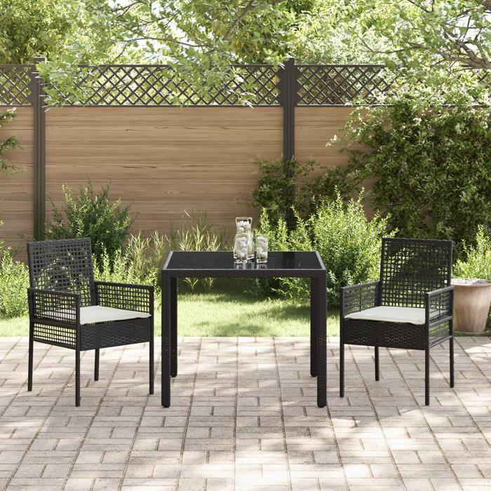 Ensemble de salle à manger de jardin en 3 pièces avec coussins en poly rattan noir 3334855