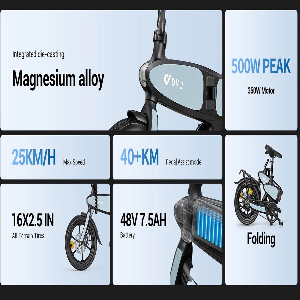 Electric Bike Foldable DYU C2 16" 250W Motor 48V 7.5AH Max Range 40Km Top Speed 25Km/h Load 120KG Black