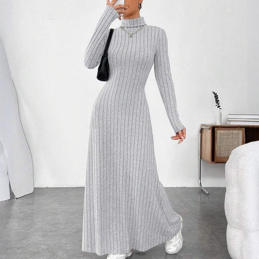 Ladies' Temperament Slim Fit High Neck Fashionable Solid Color Long Sleeved Dress