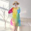 Geometric Print Pleated A-Line Midi Dress With Flared Sleeves Loose Fit