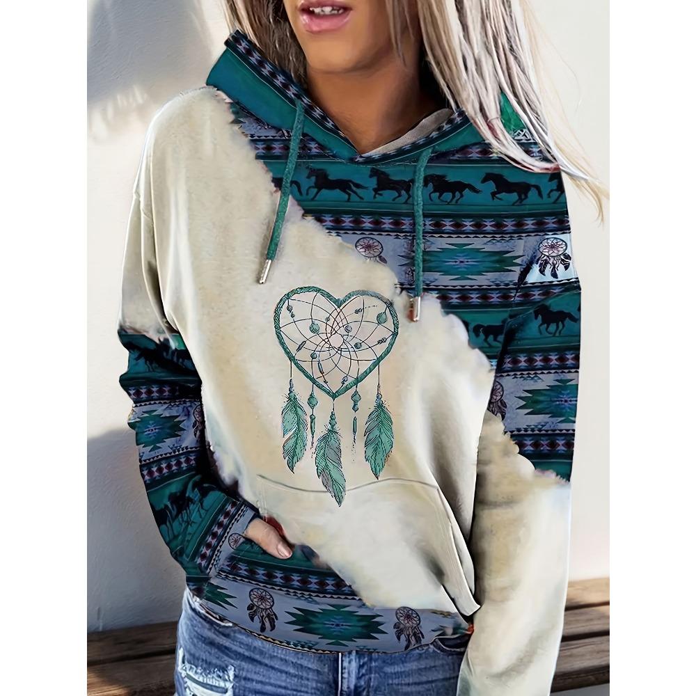 Women's Casual Fashion Round Neck Pullover Hoodie Western Ethnic Style Retro Print Women's Top Hoodie Sweatshirt